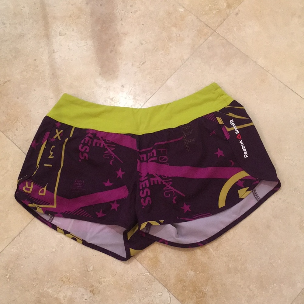 Reebok Women’s Purple Athletic Shorts with Lime Waistband